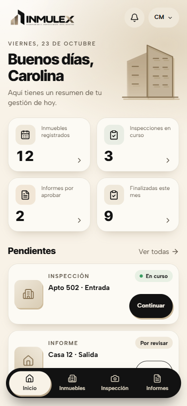Pantalla de inicio de INMULEX con las inspecciones y los informes del día